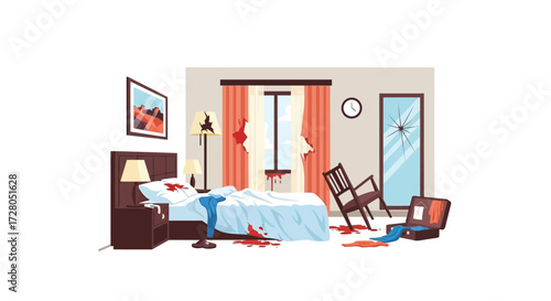 Devastated Hotel Room with Broken Window Overturned Chair and Bloodstains.