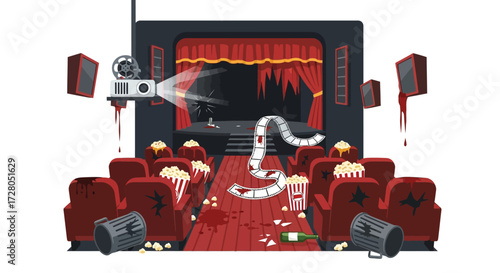 Desecrated Movie Theater Blood Popcorn and Film Reel Chaos.