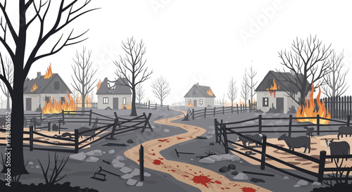 Devastated Village Scene with Burning Houses Bloodied Path and Livestock.