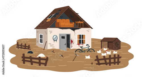 FloodDamaged House with Chickens Bicycle and Blood Splatter Depicting Disaster.