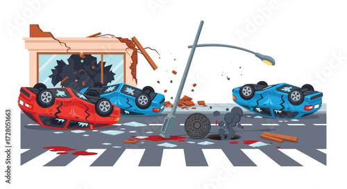 Damaged Cars and a Shattered Building After a Catastrophic Accident.