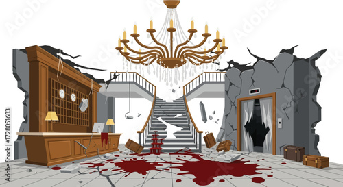 A Desolate Hotel Lobby After a Catastrophic Event.