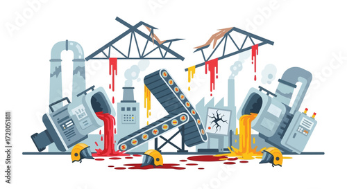 Industrial Accident Scene with Molten Metal Spills and Broken Equipment.
