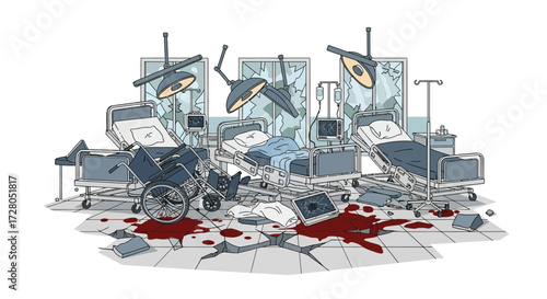 Desolate Hospital Room Shattered Windows Overturned Beds Blood Stains.