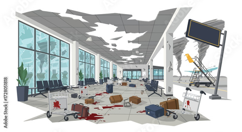 Devastated Airport Terminal Interior with Luggage Broken Windows and Tornadoes.