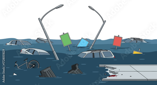 Submerged Cars and Street Signs in Floodwaters.