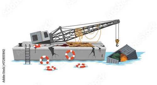 A Sinking Crane Shipwreck with Life Preservers and Cargo Container.