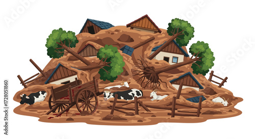 Mudslide Devastation Collapsed Houses Fallen Trees and Trapped Animals in Brown Debris.