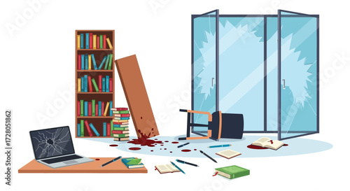 A Library in Disarray with Broken Glass and Bloodstains.