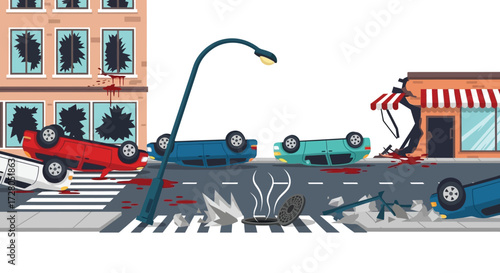 Urban Disaster Scene Overturned Cars Shattered Windows and Building Collapse.