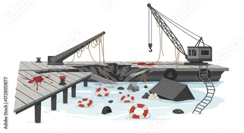 Damaged Pier and Crane After a Catastrophic Flood.
