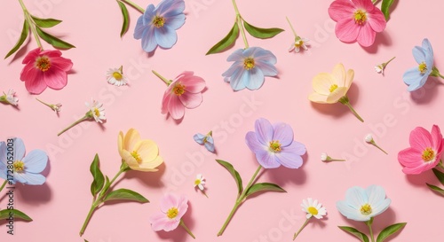 Colorful flower arrangement on pastel pink background
