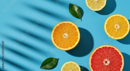 Citrus fruit slices arranged on a light blue surface with shadows