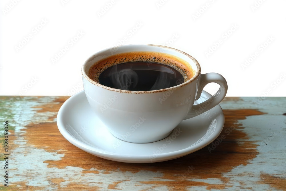 Fototapeta premium White ceramic cup filled with hot black coffee on a matching saucer placed on rustic wooden surface