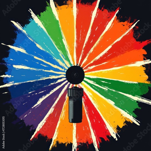 Close-up of a sprinkler head spraying water with a vibrant circular rainbow paint splash background symbolizing water distribution and color energy