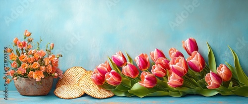 vibrant pink tulips and orange small flowers arranged next to three pieces of grilled flatbread on a blue textured background