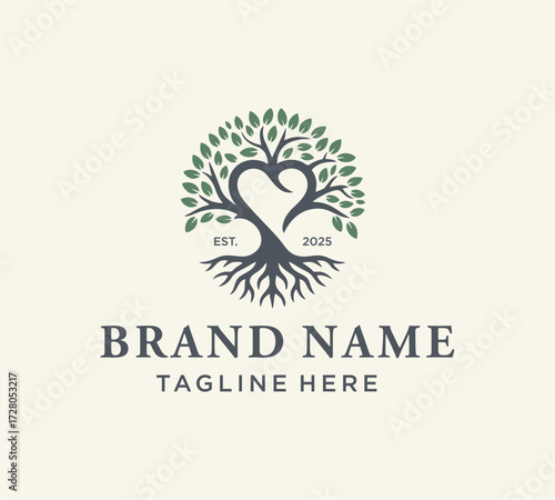 Family Tree of Life vector logo design, branches forming a heart icon, Banyan Oak Root Leaves