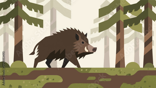 Illustration Of A Dark Brown Furred Wild Boar Walking In A Pine Forest With Mossy Ground Vector Design Template