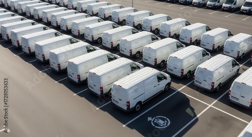 Rows of white delivery vans parked in a large lot