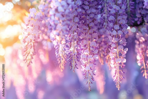 Close-up view of delicate purple wisteria flowers hanging in clusters with soft sunlight creating a warm and dreamy atmosphere