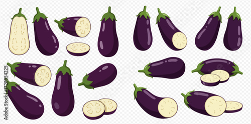 A collection of vector illustrations showing whole, halved, and sliced purple eggplants from various angles on a transparent background.