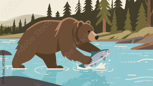 Illustration Of A Large Brown Bear Catching Salmon In A Clear River With A Background Of Alaskan Pine Forests Vector Design Template
