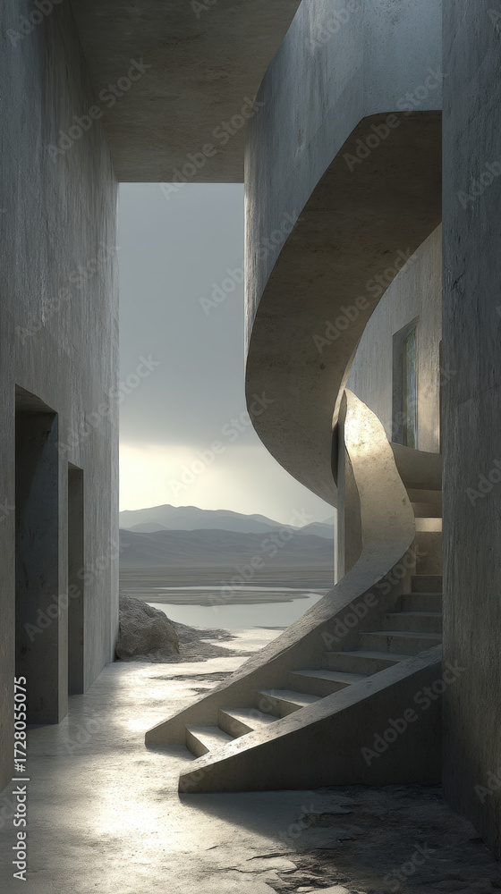 Obraz premium Concrete spiral staircase illuminated by natural skylight in minimalist interior
