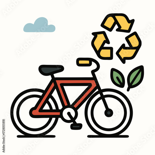 Illustration of a red bicycle with a recycling symbol and leaves, promoting environmental consciousness.