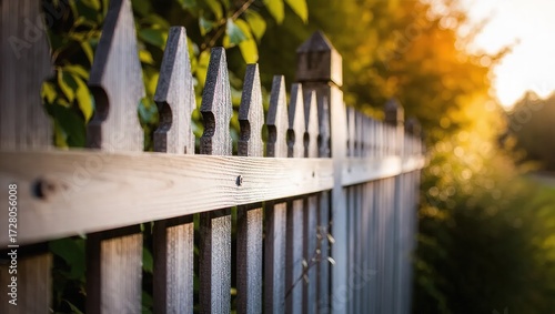 Weathered wooden fence with pointed pickets bathed in golden sun