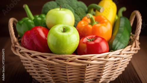 Woven Basket Overflowing with Fresh Apples, Peppers, Tomato, and