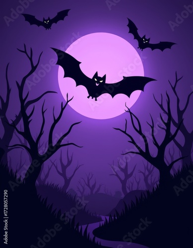 Spooky Halloween Night Scene Bats Flying Under Moonlit Purple Sky border background  spooky illustration decoration
