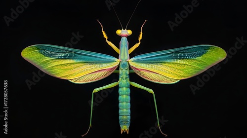 A detailed closeup of a vibrant green and yellow praying mantis with spread wings