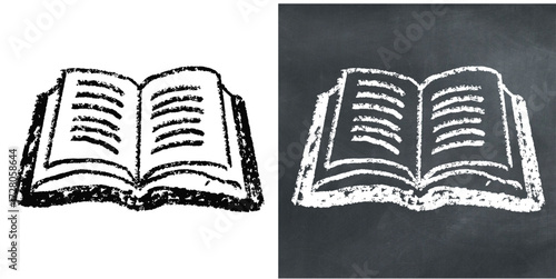 Chalk hand-drawn opened book vector. Ideal for education, reading, and storytelling themes. It captures a raw, sketchy feel with a textured aesthetic, perfect for creative and artistic designs.