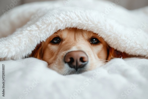 Golden retriever dog peeking out from under a soft white blanket showing calm and cozy emotion