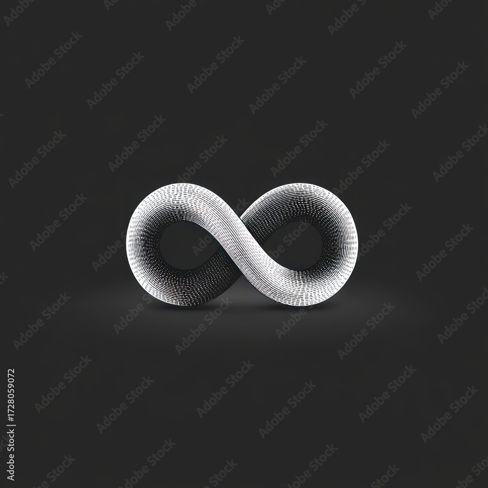 Obraz premium 3D digital infinity loop made of segmented white and black cylindrical units on a dark background symbolizing continuity and endlessness