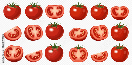 A collection of fresh, ripe red tomatoes shown whole, halved, and sliced into wedges, presented on a transparent background.