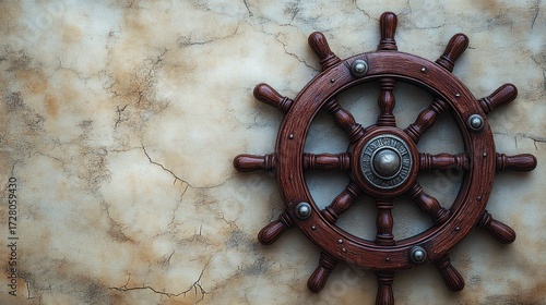 Wooden ship steering wheel mounted on a weathered cracked wall conveying a vintage nautical theme and craftsmanship
