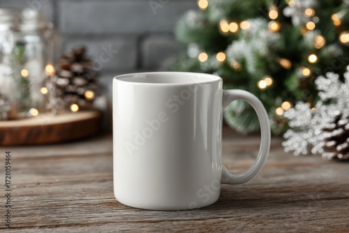 Wallpaper Mural White ceramic coffee mug near glowing Christmas tree lights in cozy holiday setting Torontodigital.ca
