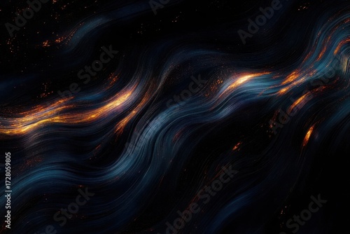 Flowing dark blue and black waves with glowing orange highlights creating an abstract, dynamic, and fiery visual effect