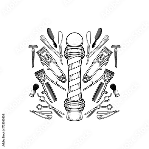 Vintage barber pole surrounded by classic grooming tools like razors, clippers, scissors, and combs, perfect for retro style design.
