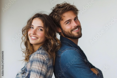 smiling young man and woman leaning back to back with casual attire against plain background expressing happiness and confidence