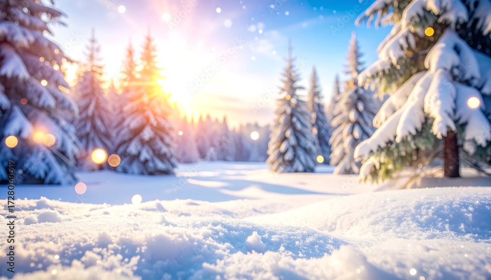 Fototapeta premium A bright winter scene shows snow-covered fir trees under a brilliant sky, with blurred bokeh effect
