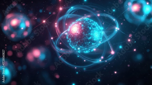 Glowing digital representation of atomic structure with orbiting particles and interconnected network lines in blue and pink hues against dark background