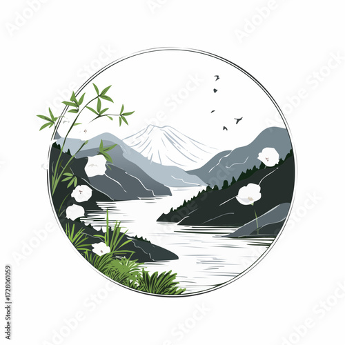 円形フレームと夏の風景の墨絵風白黒ベクター素材