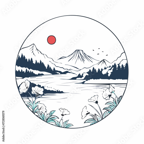 円形フレームと夏の風景の墨絵風白黒ベクター素材