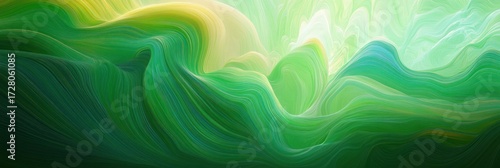 Abstract flowing green waves with smooth, layered textures and light accents creating a sense of depth and fluidity
