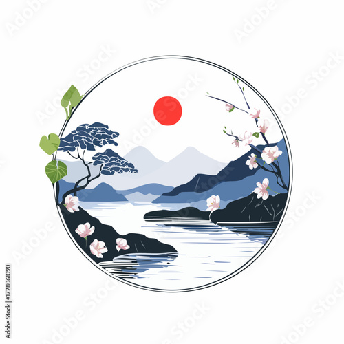 円形フレームと夏の風景の墨絵風白黒ベクター素材