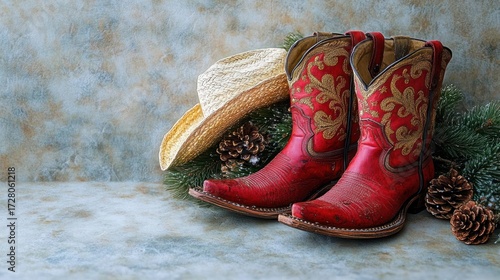 Pair of red cowboy boots with gold embroidery standing beside a straw cowboy hat and pinecones on a textured surface with green pine branches