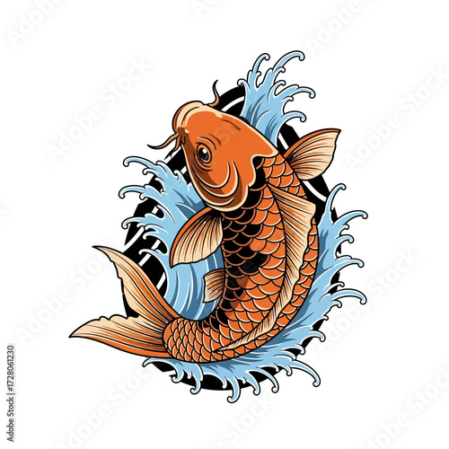 Vibrant koi fish illustration swimming in water with artistic waves and a bold design