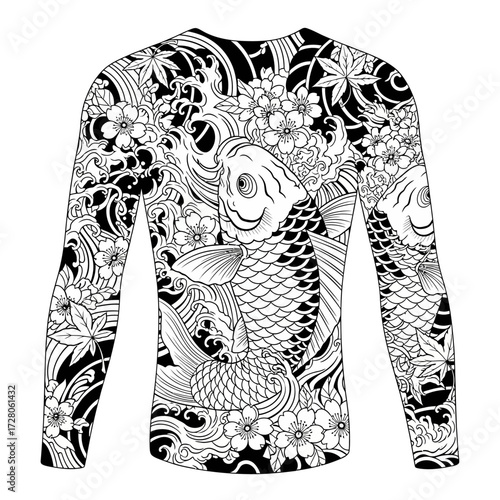 Illustrative full body tattoo design showcasing intricate koi fish and floral elements artwork